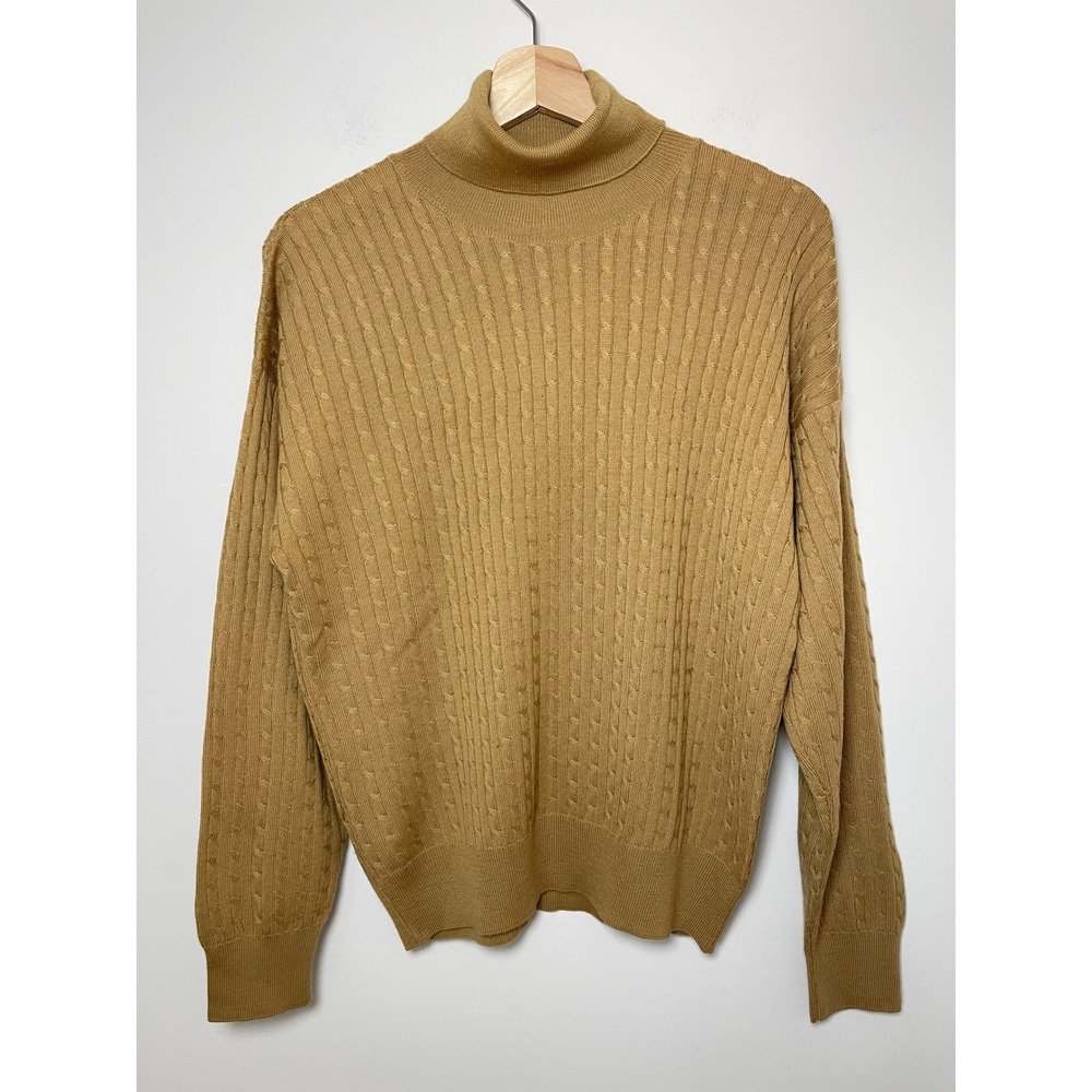 Vintage Carroll Reed M Tan 100% Virgin Wool Cable Knit Turtleneck Sweater Italy